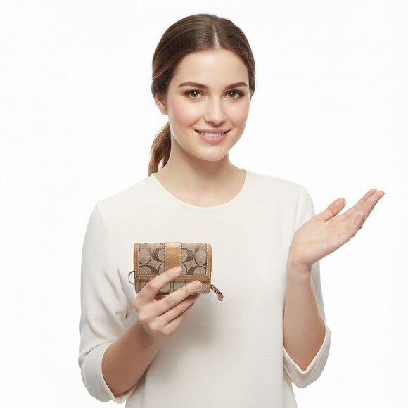 COACH Signature Y2K Canvas Bi Fold Wallet Khaki Brown Leather Trim Coins Keyring - Picture 2 of 13